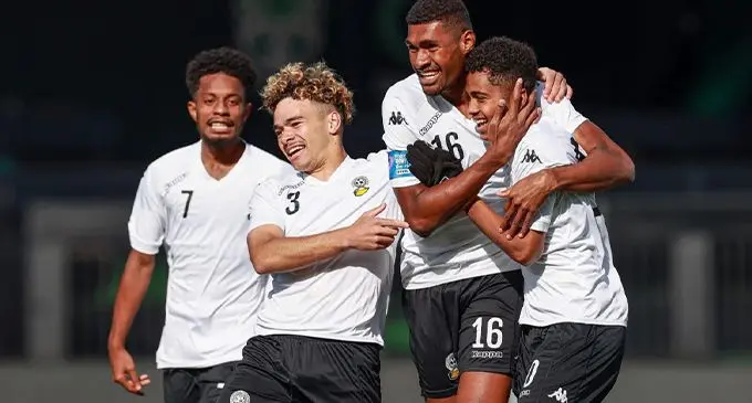 Fiji Under-23 captain Etonia Dogalau (third from left) celebrates his goal against Papua New Guinea at Mt Smart Stadium in Auckland, New Zealand, on September 2, 2023. Photo: OFC Media 