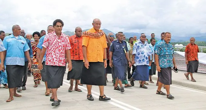 Minister for Public Works, Transport and Metrological Services Ro Filipe Tuisawau with the people of Bila at the commissioned new Tavualevu Bridge in Tavua on February 10, 2023. Photo: Fiji Roads Authority