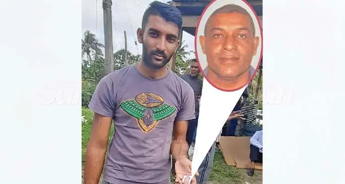 Zahid Hussein, holding his father’s passport photo. He was waiting for his father’s body to arrive as relatives and friends gathered for the funeral on August 24, 2020. Photo: Shalveen Chand INSET: A photo of the late Zakir Hussein.