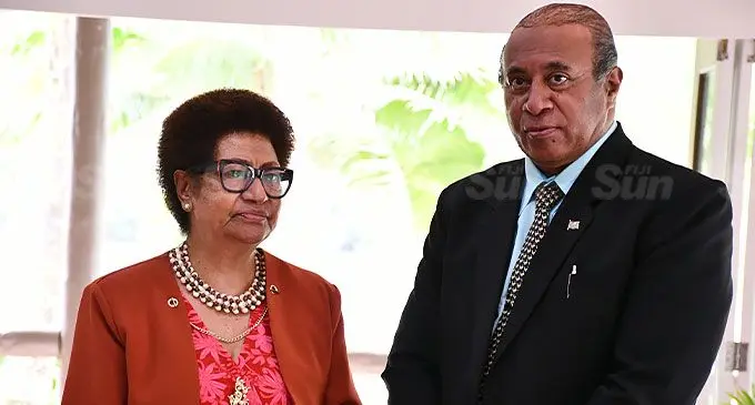 Na Gone Marama Bale na Roko Tui Dreketi Ro Teimumu Kepa with Minister for Public Works, Transport, and Meteorological Services Ro Filipe Tuisawau during the Rewa Provincial Council annual conference at Novotel Suva Lami Bay Hotel on June 27, 2024. Photo: Ronald Kumar