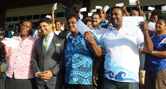 Taxi Permit receipients with the Acting Prime Minister and Attorney General, Aiyaz Sayed-Khaiyum after the handing over ceremony on May 21,2018. Photo: Simione Haravanua