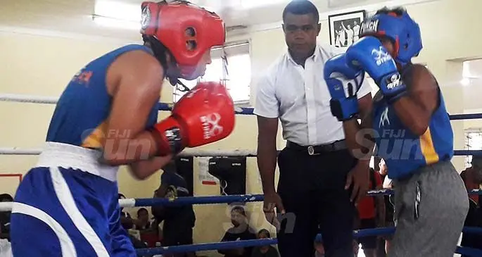 Laisani Biau (right) moves in against Heather Bale at the Commander Stan Brown Gym in Walu Bay, Suva, on February 27, 2021. Photo: Sereana Salalo