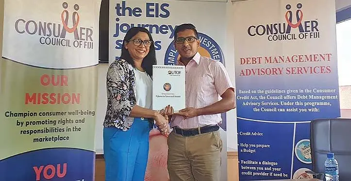 From left: Cousumer Council of Fiji chief executive officer, Seema Shandil and Unit Trust of Fiji chief executive officer, Vilash Chand after the signing of the Memorandum of Agreement. Photo: Shreeya Verma