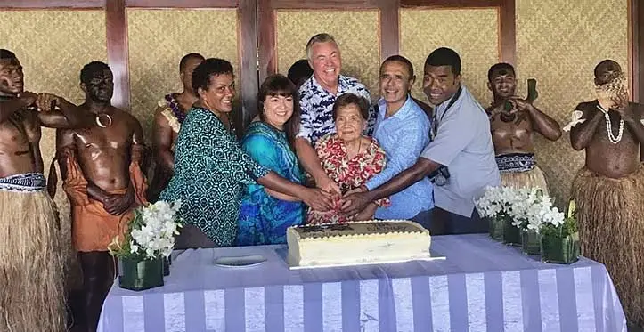 (From left to right) Likuliku Resort Manager Tulia Seru, Owner Brigid Whitton, Group General Manager Steve Anstey, Rosie Holidays matriarch Rosie Whitton, Owner and Managing Director Tony Whitton &amp; Sake Madigibuli former Likuliku Operations Manager and Resort Manger of Malolo Island Resort (sister to Likuliku) cut the 10th birthday cake in 2017.