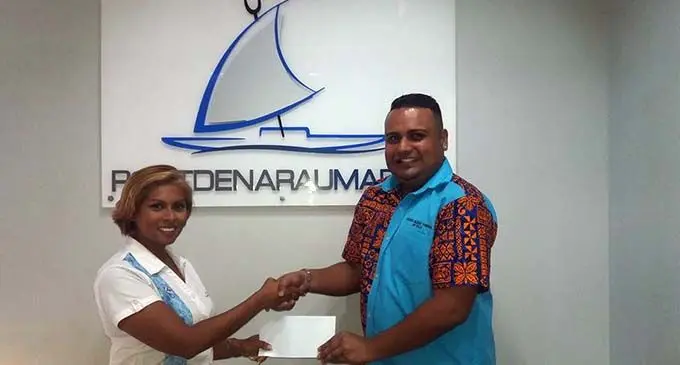 Port Denarau Marina general manager Cynthia Rasch hands over the cheque to event coordinator Rajneel Prasad  in Nadi on February 27, 2019.  Photo: Waisea Nasokia