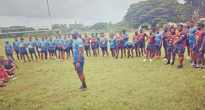 Kaiviti Silktails head coach Wes Naiqama with players from the Papua New Guinea Hunters during their coaching clinic at Nadovu Park, Lautoka Photos: Supplied