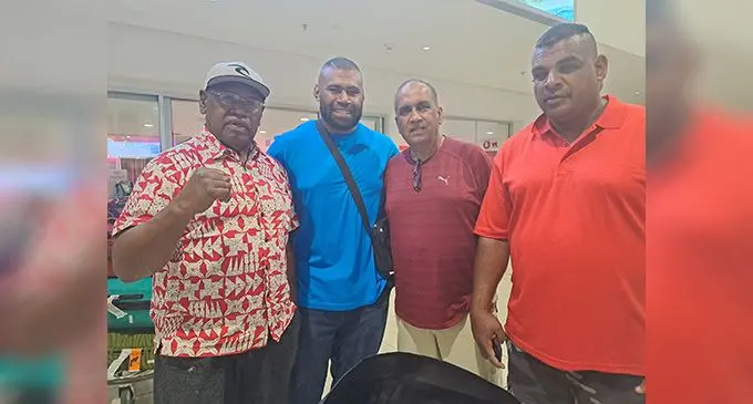 From left: Seruveveli Rasaubale, Puna Rasaubale, South Pacific Boxing Promotion director Mohammed Shameem at Nadi International Airport on August 10, 2022. Photo: Waisea Nasokia