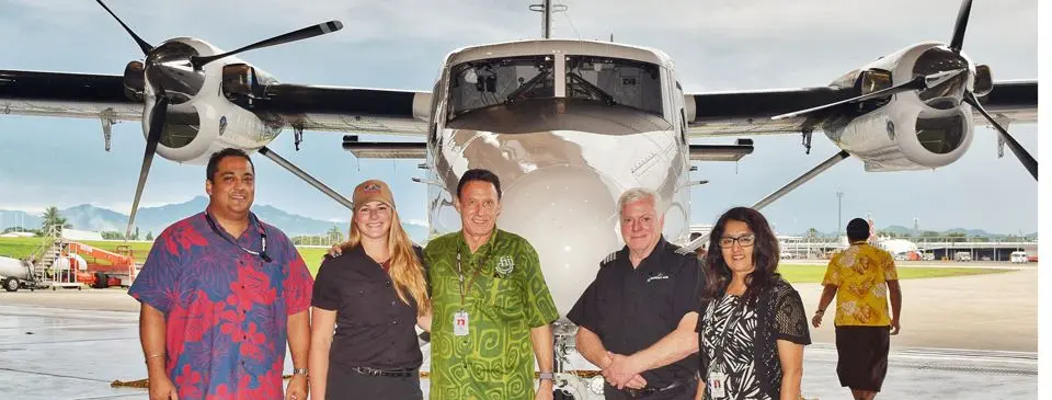 From left: Fiji Link general manager Athil Narayan, first officer on delivery flight Andrea Lessard, Fiji Airways Managing Director and chief executive officer Andre Viljoen, Delivery flight Captain David Crerar and Executive General Manager, Fiji Link and Group Corporate, International and Government Affairs Shaenaz Voss. Photo: Fiji Airways
