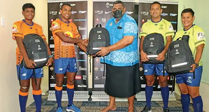 Fiji Rugby Union Chief Executive Officer John O’Connor (centre) with match officials from left: Mere Uluinaceva,Tevita Rokovereni,Tevita Vosalevu and Kuini Vuli during the Rooster Chicken sponsored kit presentation on January 5, 2022. Photo:FRU Media