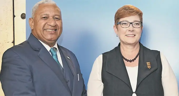 Prime Minister Voreqe Bainimarama in Geneva with Australian Foreign Minister Marise Payne. Photo: DEPTFO News