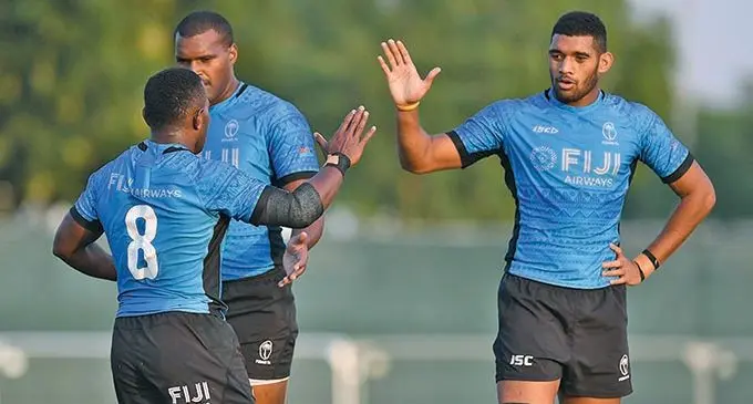 Team Fiji men’s rugby sevens senior players Waisea Nacuqu (8), Josua Vakurunabili and Meli Derenalagi (right( during training. The three players are our trumpcards at the Tokyo Olympic Games in Japan.  Photo: FRU Media.