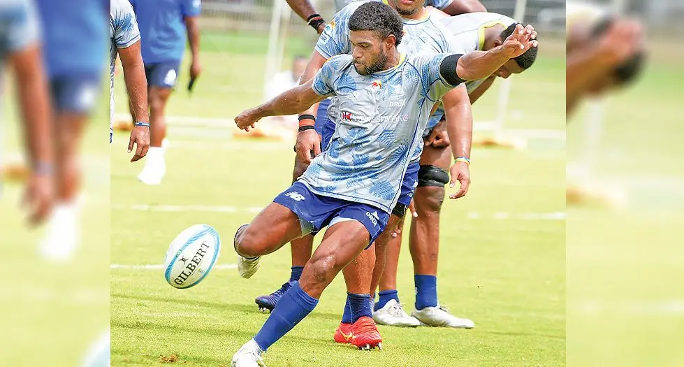 Swire Shipping Fijian Drua halfback Simione Kuruvoli kicks for touch during training at Albert  Park, Suva, on February 9, 2024. Photo: Ronald Kumar