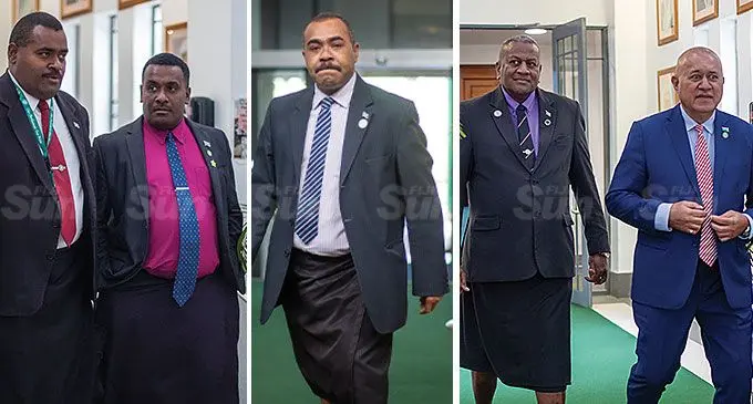 Independent Members of Parliament Inoke Niudamu, left, and Aliki Bia, Independent Member of Parliament Mosese Bulitavu and Independent Members of Parliament Penioni Ravunawa, left, and Ioane Naivalurua in Parliament on Monday, July 8, 2024. Photos: Leon Lord