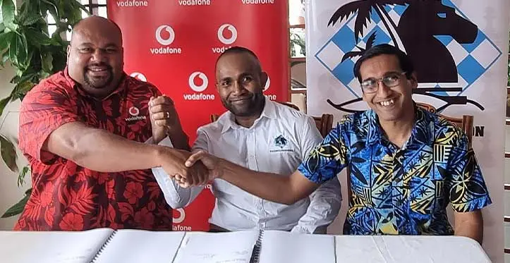 From left to right: Vodafone Fiji head of sponsorship Adriu Vakarau with Fiji Chess Federation president Taione Sikivou and FCF general secretary Goru Arvind in Suva on October 19, 2023. Photo: Supplied