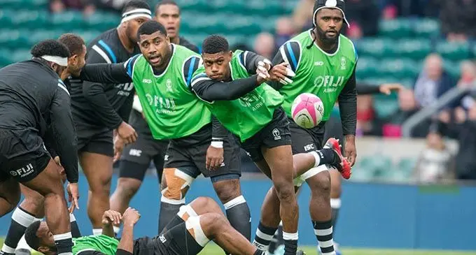 Fiji Airways Flying Fijians halfback Peni Matawalu fires out a pass during their warm-up session before the Test clash against Barbarians at Twickenham, London on November 16, 2019. Fiji won 33-31 to claim the Killik Cup. Photo: Ian Muir