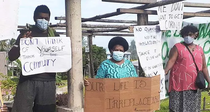 Villagers protest at Votualailai Village along the Coral Coast.