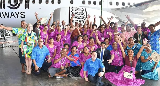 Acting Prime Minister and Minister for Civil Aviation Aiyaz Sayed-Khaiyum with Fiji Airways managing director/chief executive officer Andre Viljoen and members of the Kadavu community welcoming the ‘Island of Kadavu’ on December 3, 2018. Photo: DEPTFO News