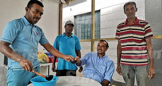 From left: Vanivasa Qima, Amrika Prasad, Salesh Kumar and Jainand Chand enjoy a kava mix at Aunty Julie’s Kava Bar. Photo: Laiseana Nasiga