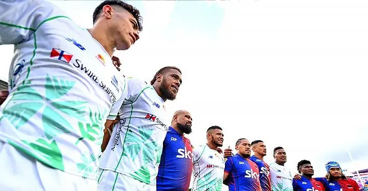 Swire Shipping Fijian Drua first five eighth Caleb Muntz (first from left) and captain Tevita Ikanivere (second) with the Moana pasifika players following their Round One match at Mt Smart Stadium, Auckland, New Zealand on February 25, 2023. Photo: Fijian Drua Media