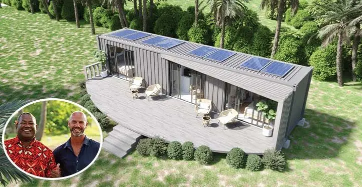 Stage 1 is selling quickly. Every Selah FIJI’s eco-container style bure will be solar powered and will contain air-conditioning bedrooms or studio, a living area, bathroom and more./ Inset: Joseva Vudiniabola Deru and Selah FIJI founder Glenn Wysman. Photos: Tim Pascoe