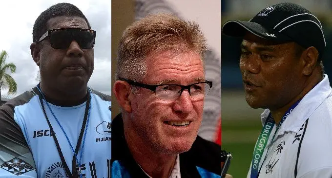 L-R: Fiji Airways Fijiana 7s coach Saiasi Fuli, Fiji Airways Flying Fijian coach John McKee and Fiji Airways Fijian Drua coach Senirusi Seruvakula. 