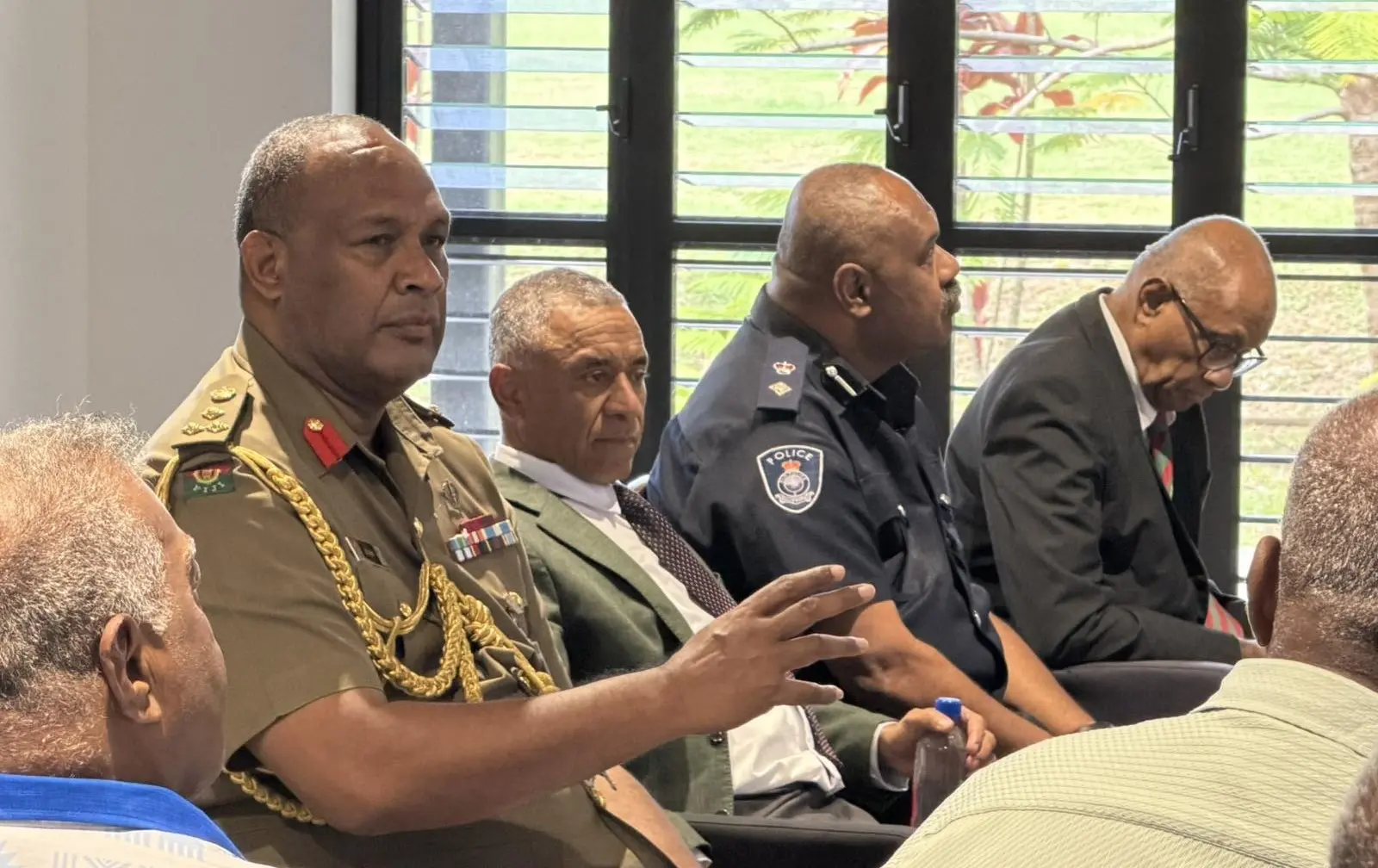 Commander Joint Task Force Brigadier-General Manoa Gadai sitting next to Ministry of iTaukei Affairs Permanent Secretary Paula Tuione.