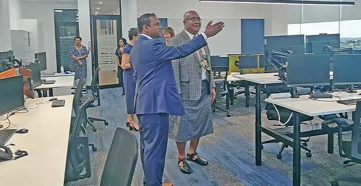 Deputy Prime Minister and Minister for Trade, Cooperatives, Small Medium Enterprises and Communications Manoa Kamikamica (right) taking a tour of the KPMG Office in Nadi on August 7, 2023 . Photo: Mereleki Nai