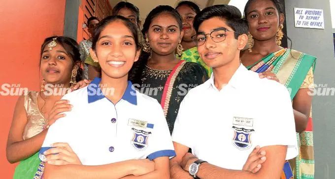 MGM College Head Girl Meeshal Prasad and Head Boy Bhavin Patel with fellow students on May 13, 2022. Photo: Ronald Kumar