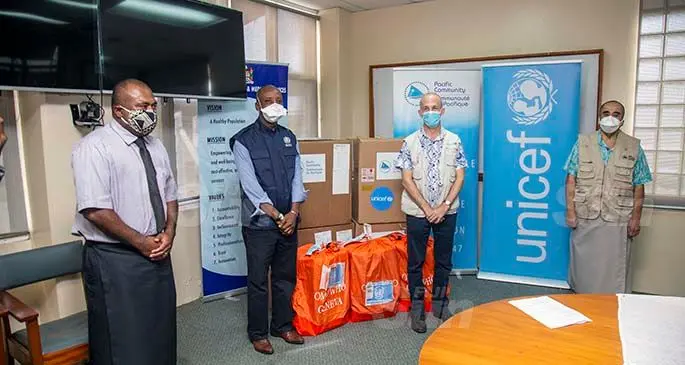 From left: Minister for Health and Medical Services Dr Ifereimi Waqainabete, World Health Organisation Acting representative to the South Pacific Dr Akeem Ali, UNICEF Pacific Island Representative Sheldon Yett, and Secretariat of the Pacific Community Public Health Division deputy director Taniela Soakai in Suva on April 28, 2021. Photo: Leon Lord