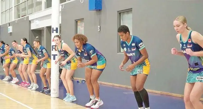 From left Fijian Pearls squad  members Matila Vocea and Ema Mualuvu (played for the PacificAus team during the Born To Shine series last month. Photo: Netball Queensland