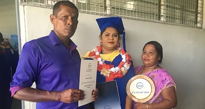 Yorishna Devi Ram with her father Babu Ram and mother Krishpa Wati after the Fiji National University graduation at the Civic Centre in Labasa on March 19, 2020 Photo: Renu Radhika