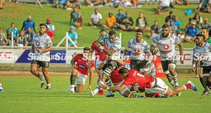 Vodafone Flying Fijians halfback Frank Lomani about to deliver a pass against Manu Samoa at Churchill Park, Lautoka, on July 16, 2022. Lomani was one of our star performers Photo: Leon Lord