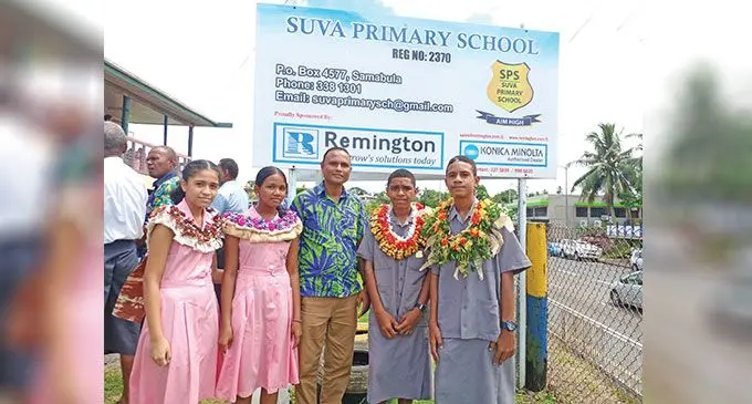 From Left: Head girl Mary Kate Williams, deputy head girl Eeshna Prasad, head teacher Brij Singh, head boy Anasa Kamikamica and deputy head boy Philip Wilson after the induction at Suva Primary School on February 24, 2023. Photo: Jone Salusalu
