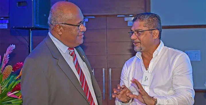 Deputy Prime Minister and Minister for Trade, Cooperatives, SME’s and Communications Manoa Kamikamica with Marsh Pte Ltd branch manager Wayne Wong at the Grand Pacific Hotel on January 26, 2023.