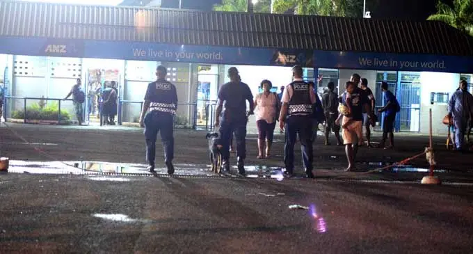 Police officers patrol at the ANZ stadium last night. Photo: PAULINI RATULAILAI