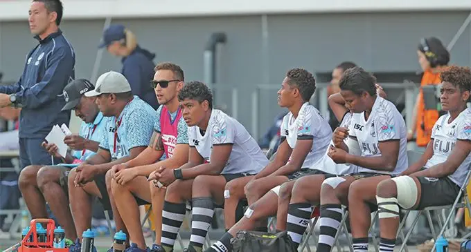 Fiji Airways Fijiana 7s team reserve bench at the Kitakyushu 7s on April 21, 2019. Kenji Demura