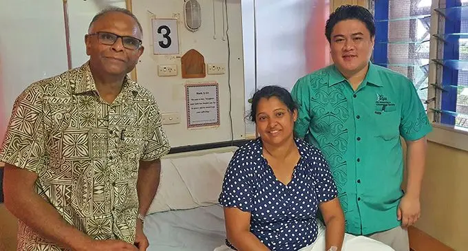 Friends of Fiji Health Gynaecological surgeon, Dr Sunil Pillay (left) with patient Artika Darshani Raj and Dr Brian Guevara of the Ministry of Health and Medical Services at Labasa Hospital on March 8, 2023.
