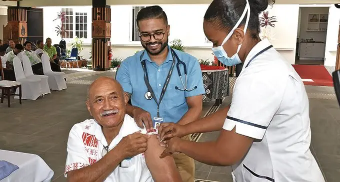 President Major-General (Ret’d) Jioji Konrote received  his first jab of the AstraZeneca vaccine from officials of the Ministry of Health on April 15, 2021. Photo: DEPTFO News