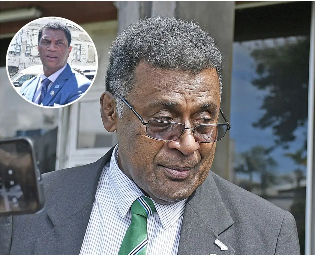 Minister for Finance Esrom Immanuel and Minister for Education Aseri Radrodro (insert photo) following the cabinet meeting outside the Prime Ministers Office in Suva on February 3, 2026. 