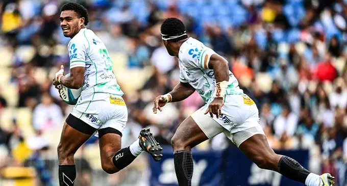 Swire Shipping Fijian Drua centre Iosefo Masi on his way to score his second try with Kalaveti Ravouvou in support against Moana Pasifika in their Shop N Save Super Rugby Pacific opener at Mt Smart Stadium in Auckland, New Zealand, on February 25, 2023. Drua won 36-34. Photo: Fijian Drua  