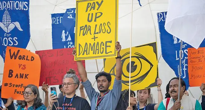 Members of civil society organisations from the Pacific joined protestors at the COP28 venue in Expo City.
