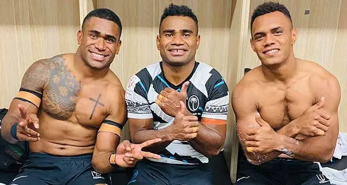 Fiji Airways Fijian 7s players, from left: Aminiasi Tuimaba, Seremaia ‘Jerry Tuwai’, and Sireli Maqala after the final game of the Oceania 7s in Townville on June 27, 2021 . Photo: Oceania Rugby