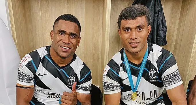 Fiji Airways Fijian 7s players, Aminiasi Tuimaba (left) and Taniela Sadrugu after the final game of the Oceania 7s in Townvilles on June 27, 2021 . Photo: Oceania Rugby