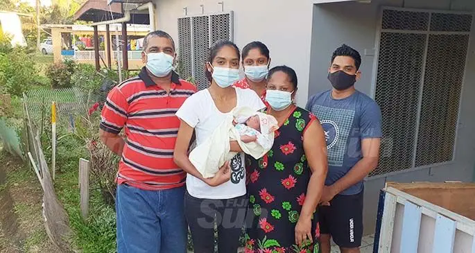 The Mudaliar family. From left: Sunil Mudaliar (father), Raveena Mudaliar holding her three-days-old niece, Maelyne Mudaliar, Sangeeta Mani (aunt), Vijay Lakshmi (mum) and Velaidan Mudaliar (brother) at their home in Lautoka on May 27, 2021. Photo: Nicolette Chambers