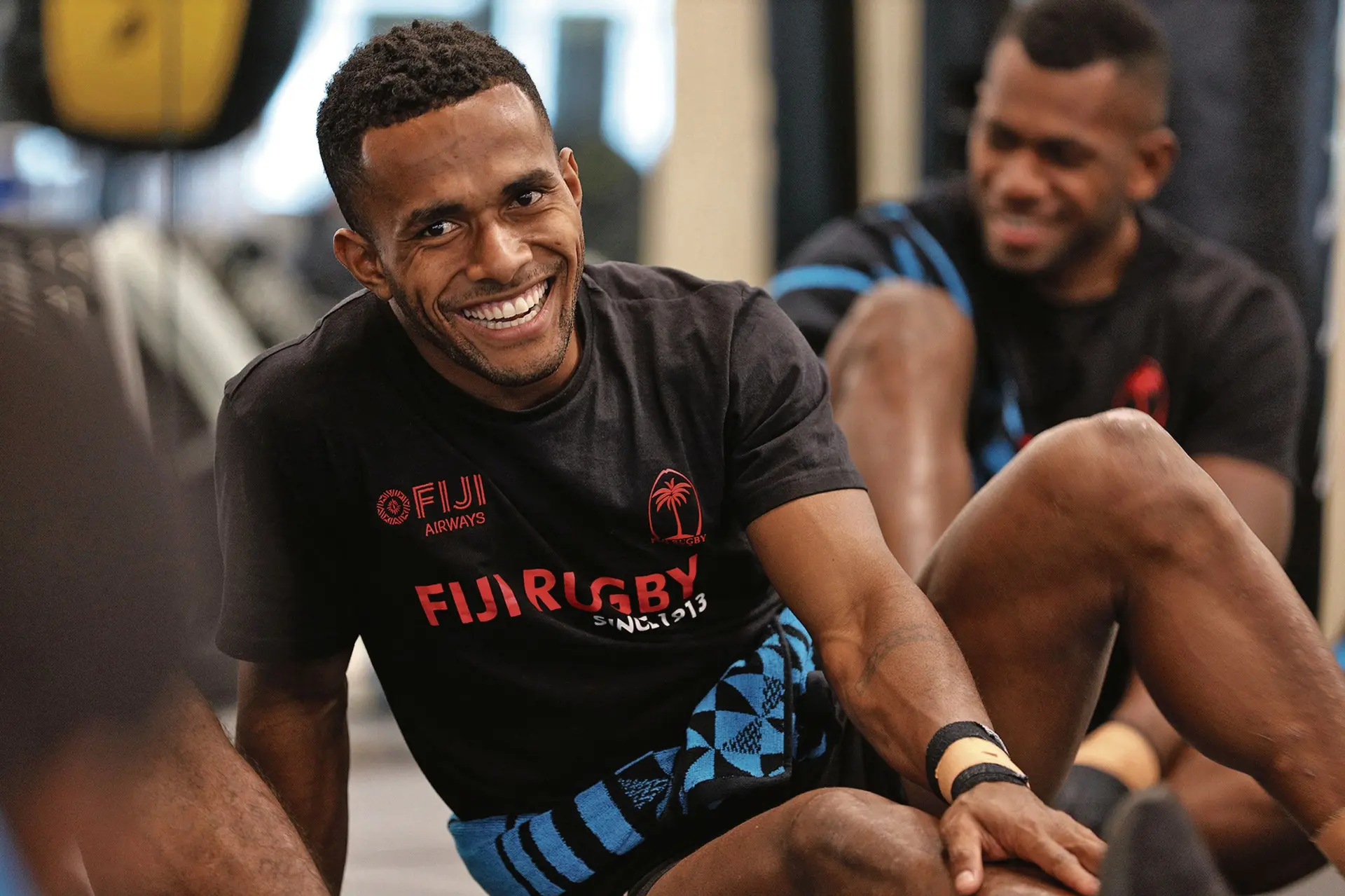 Fiji Airways Fijian 7s rookie playmaker Terio Tamani shares a light moment with team-mates before their gym session in Hong Kong on April 2, 2019. Photo: Bruce Southwick/ZoomFiji