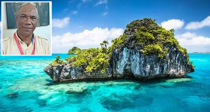 Fulaga is a crescent-shaped reef-limestone island in Fiji’s Southern Lau Group.. Inset: Samuela Cabe.