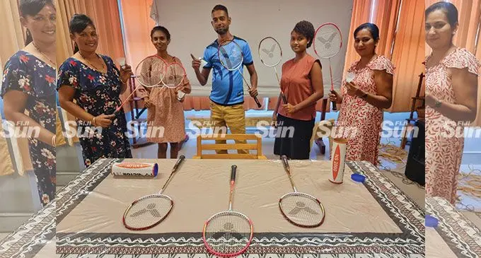 Labasa District Youth Council coordinator, Mohammed Shanil (middle), along with badminton participants, (left) Sukanatala Wati, Archal Devi, (fourth from left) Tarusila Veregu and Jotika Prasad at the Ministry of Youth and Sports conference and training room in Labasa on April 16, 2022. Photo: Sampras Anand.