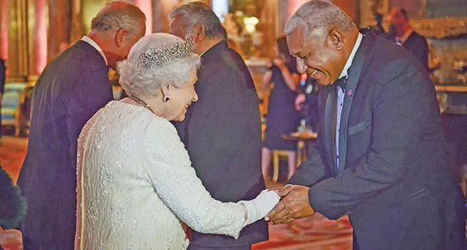 Prime Minister Voreqe Bainimarama greets Queen Elizabeth II after the Commonwealth Heads of Government’s Meeting (CHOGM) in London in April, 2018.