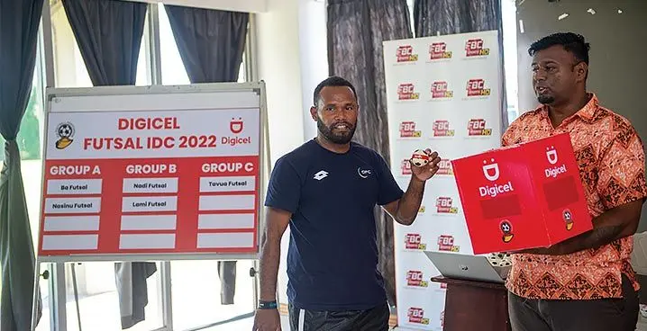 Fiji Football Association competitions manager Amitesh Pal (right) with national futsal coach Jerry Sam during the futsal Interdistrict draws on January 25, 2023. Photo: Fiji FA Media