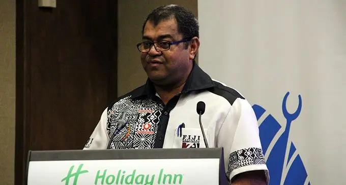 Fiji National Rugby League executive chair Peni Musunamsi addresses the Fijian sports journalists during the Fiji Sports Media symposium at Holiday Inn, Suva on April 23,2019. Photo: FASANOC